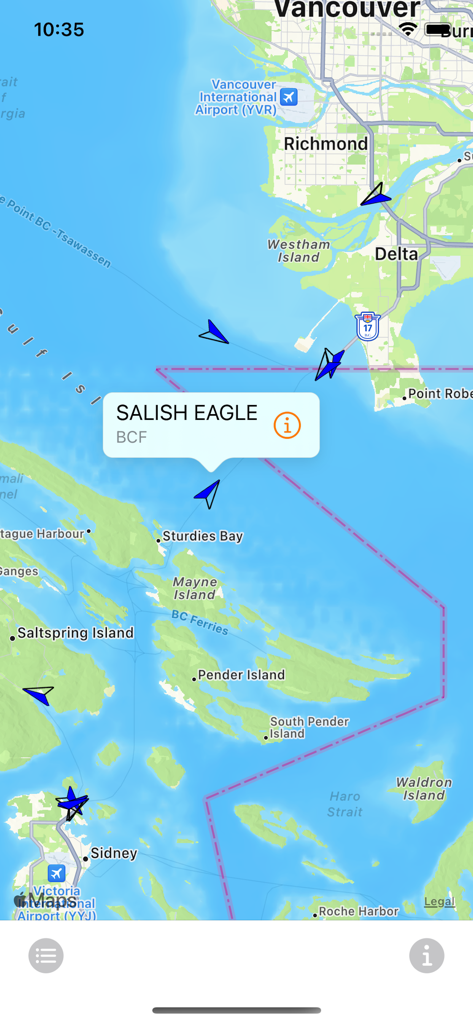 Real-time map tracking of the Salish Eagle ferry in the Ferry Watch app