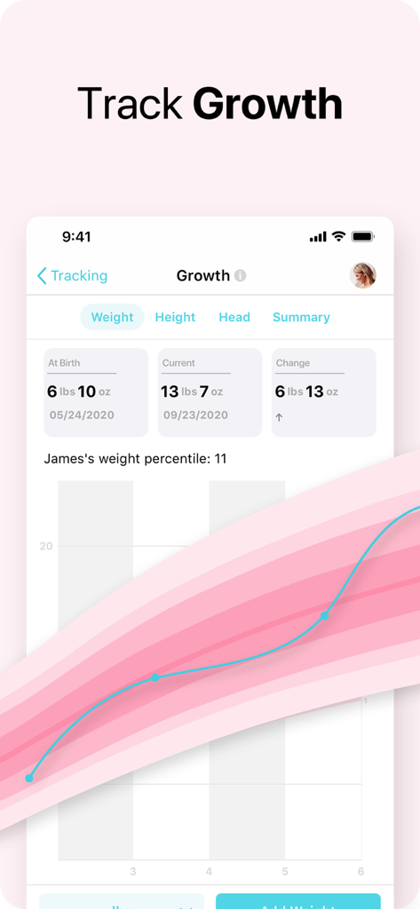 Baby Plus app growth tracker screen showing weight data and a percentile chart.