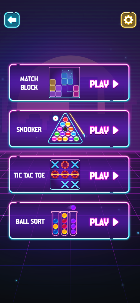 Tic Tac Toe - No Wifi Games - A neon game selection menu showing options for Match Block, Snooker, Tic Tac Toe, and Ball Sort.