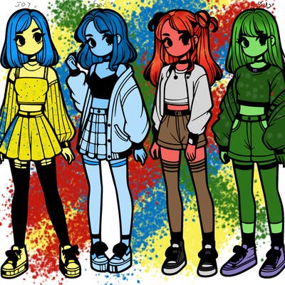 one girl with crop-top shirt and a jacket with a skirt, long socks and another girl with a shirt and pants with a jacket