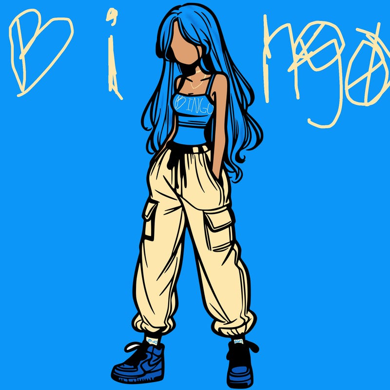 girl in baggy pants crop top and long hair