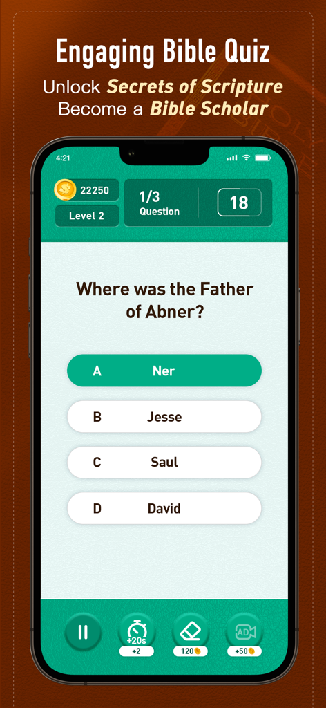 Holy Bible, KJV Bible + Audio - Tela interativa de quiz de curiosidades bíblicas dentro do aplicativo móvel Bíblia Sagrada KJV.