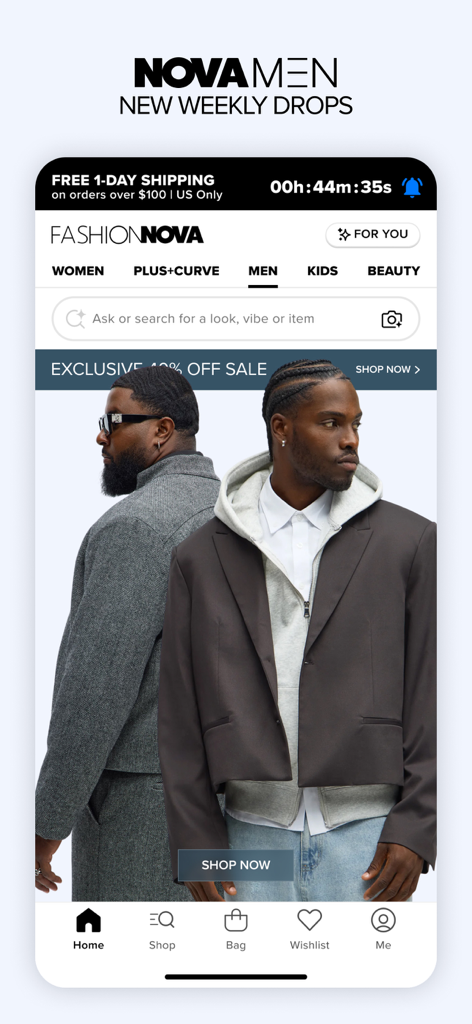Captura de pantalla de la app móvil Fashion Nova que muestra la sección NovaMen con modelos masculinos vistiendo chaquetas y ropa urbana de moda.