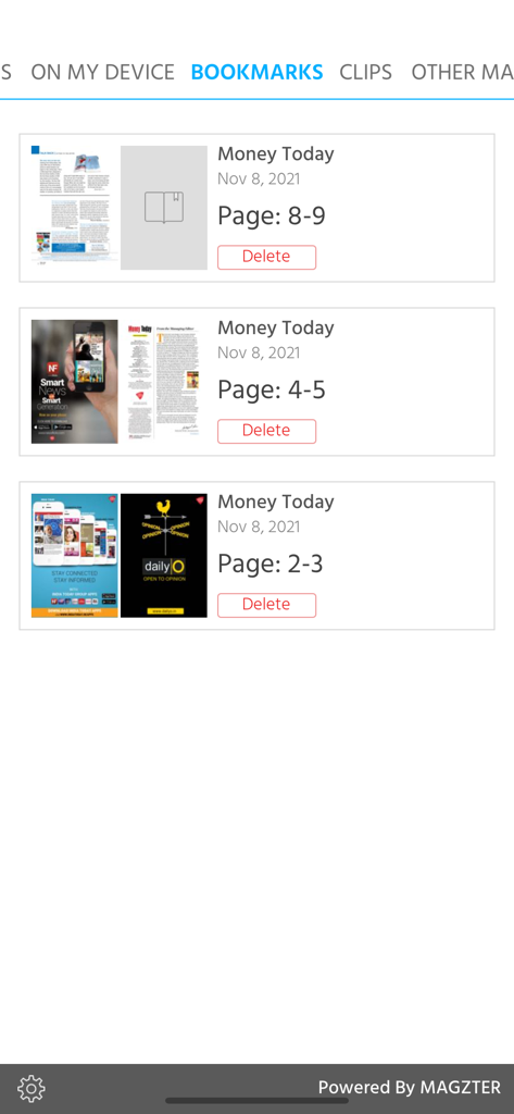 Money Today - A list of bookmarked pages in the Money Today personal finance app showing saved magazine articles.
