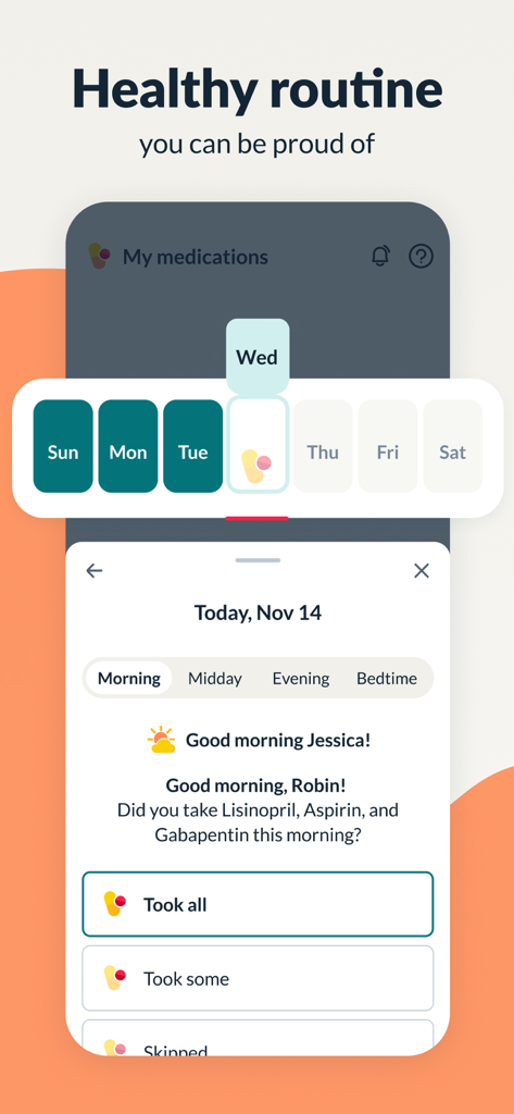 Hello Heart • For heart health - Recordatorio de medicación e interfaz de seguimiento en la aplicación Hello Heart que muestra un horario diario y un registro de medicación.
