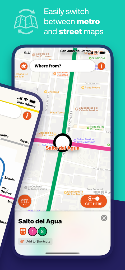 Un smartphone mostrando la interfaz de la app Mapa del Metro de la Ciudad de México con una vista del mapa de calles de la estación Salto del Agua.