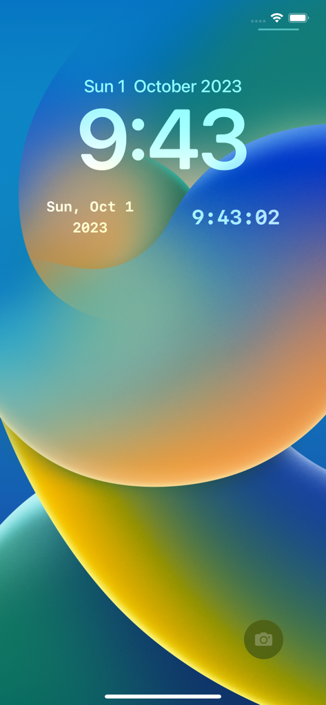 スマートフォンロック画面。さまざまなデジタル時計と日付ウィジェットが表示されています。