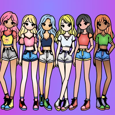 a group of girls wearing crop tops and shorts