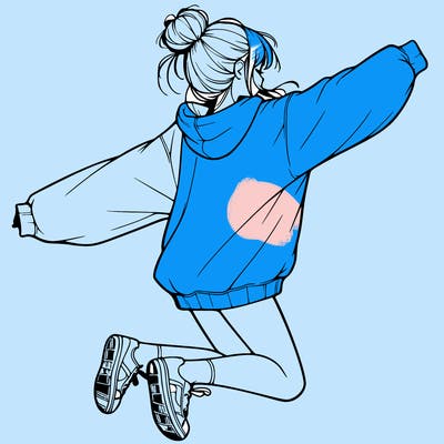 realistic girl jumping with a bun and oversized sweatshirt