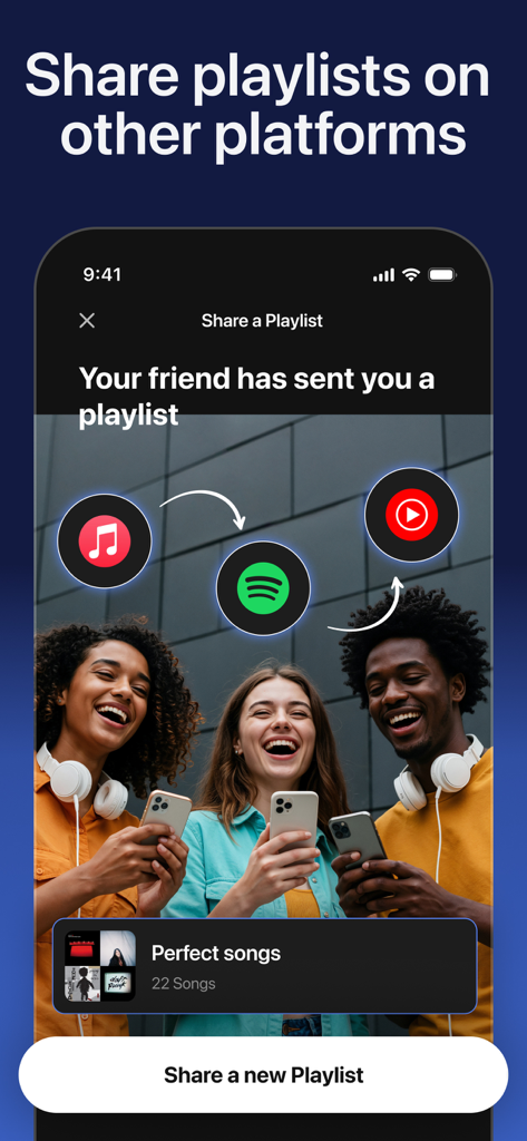 Mobile screen showing how to share a music playlist with friends across different streaming services like Spotify and Apple Music