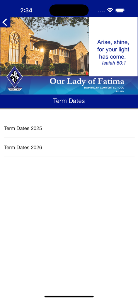 Our Lady of Fatima - Schermata delle date scolastiche dell'app di Nostra Signora di Fatima con gli orari per il 2025 e il 2026