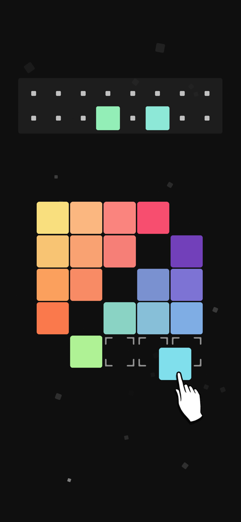 Colorma - A hand dragging a light blue tile into a color gradient puzzle grid on a dark background