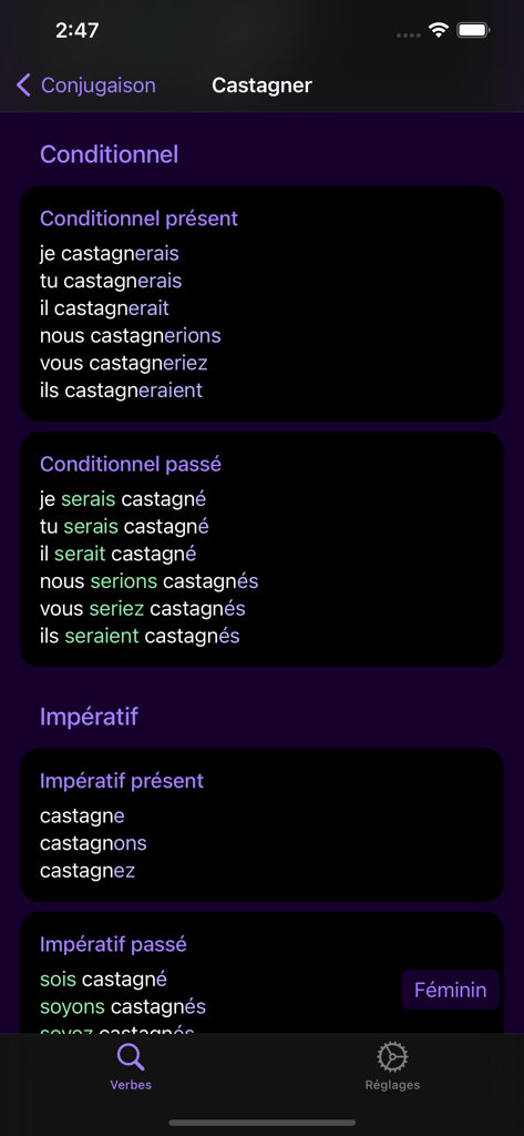 Savoir Conjuguer - Savoir Conjuguer App-Bildschirm mit französischer Verbkonjugation für Castagner im Dark Mode