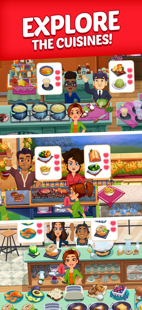 Emily serviert internationale Gerichte in verschiedenen Restaurants im Kochspiel Delicious World