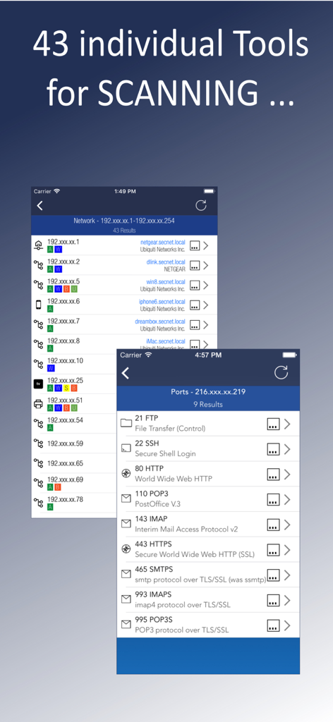 Network Toolbox Net security - Interfaz de la aplicación Network Toolbox mostrando el descubrimiento de dispositivos de red y los resultados del escaneo de puertos abiertos