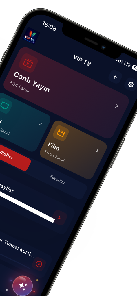 V-IP TV app interface showing live broadcast and movie categories on an iPhone