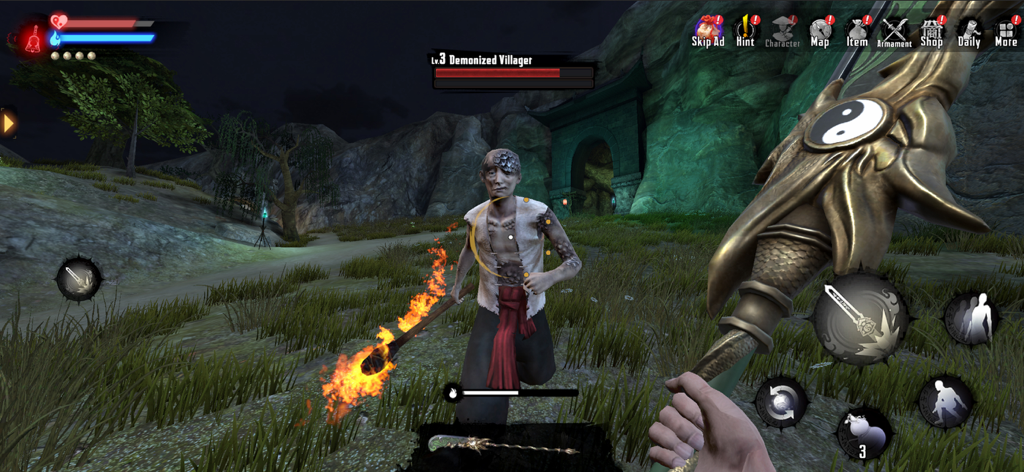 Endless Nightmare 6: Reborn - First person combat view in Endless Nightmare 6 Reborn showing a player holding a golden sword facing a demonized villager enemy