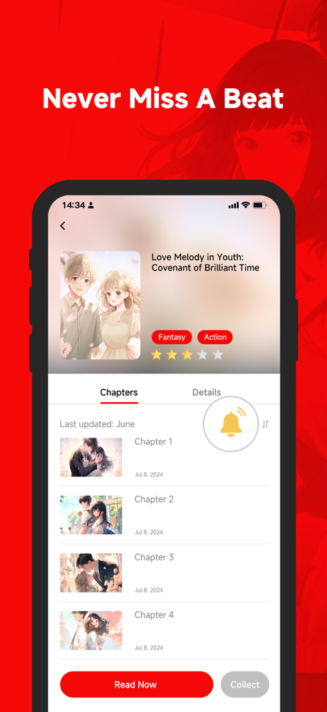 ReadManga - ReadManga app chapter list screen with a notification alert for new updates.