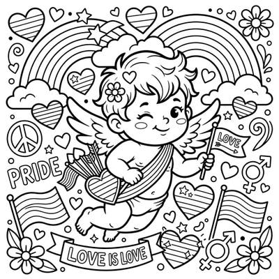 Embrace the spirit of love and diversity with this delightful Baby Cupid coloring page, specially designed for Pride Month. Join Cupid as he spreads joy among rainbows, hearts, and symbols of acceptance, offering a wonderfully engaging coloring experience.