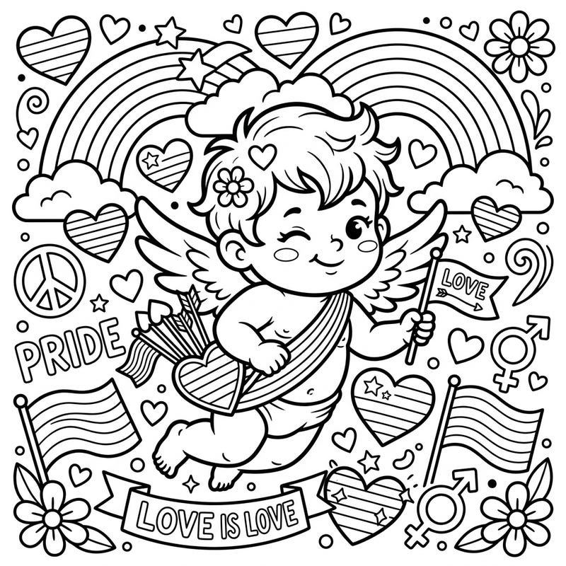 Embrace the spirit of love and diversity with this delightful Baby Cupid coloring page, specially designed for Pride Month. Join Cupid as he spreads joy among rainbows, hearts, and symbols of acceptance, offering a wonderfully engaging coloring experience.