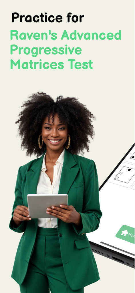 IQ Test: Advanced Matrices Pro - Uma mulher profissional de terno verde segurando um tablet se preparando para o Teste de Matrizes Progressivas Avançadas de Raven