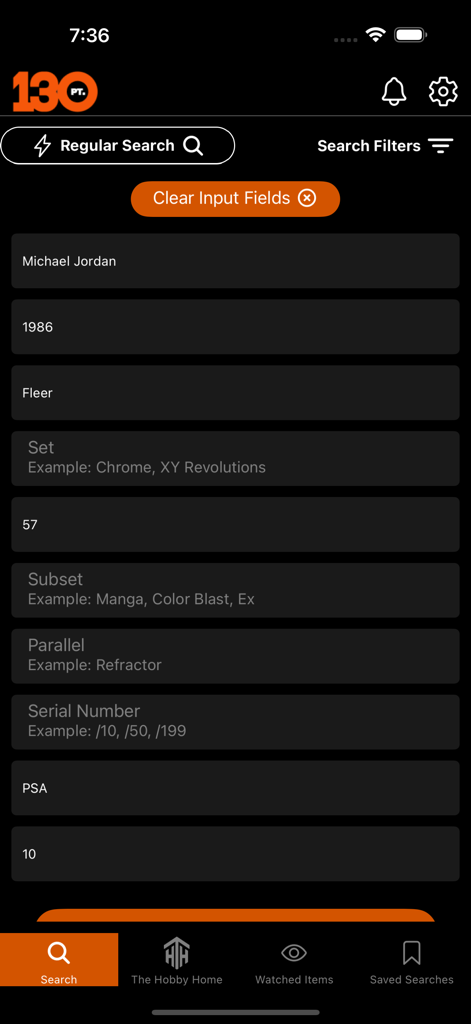 Search interface of the 130 Point app showing fields for trading card research and market price verification