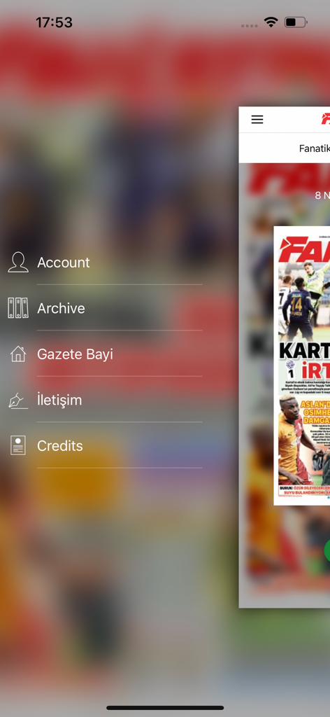 Sidebar menu of the Fanatik eGazete Turkish sports newspaper app showing account and archive options.