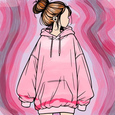 realistic girl with a oversized sweatshirt on and a bun