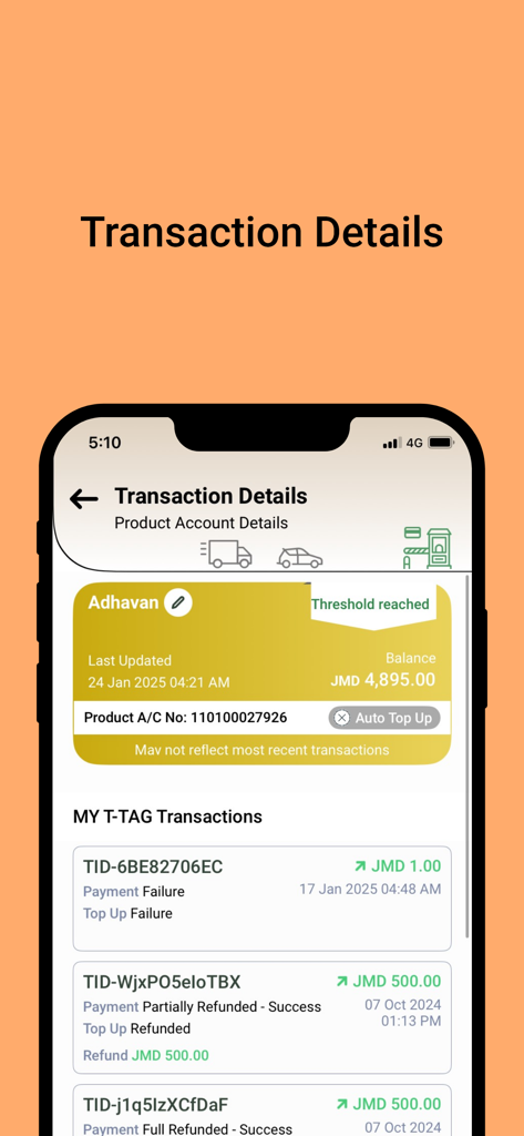 My T-tag - Transaction details and history screen in the My T-tag mobile app