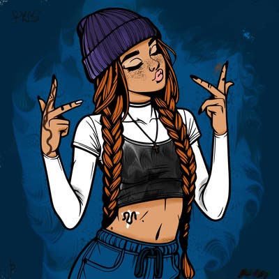 realistic teenage girl with braids and a beanie and crop top doing 🫶🏼