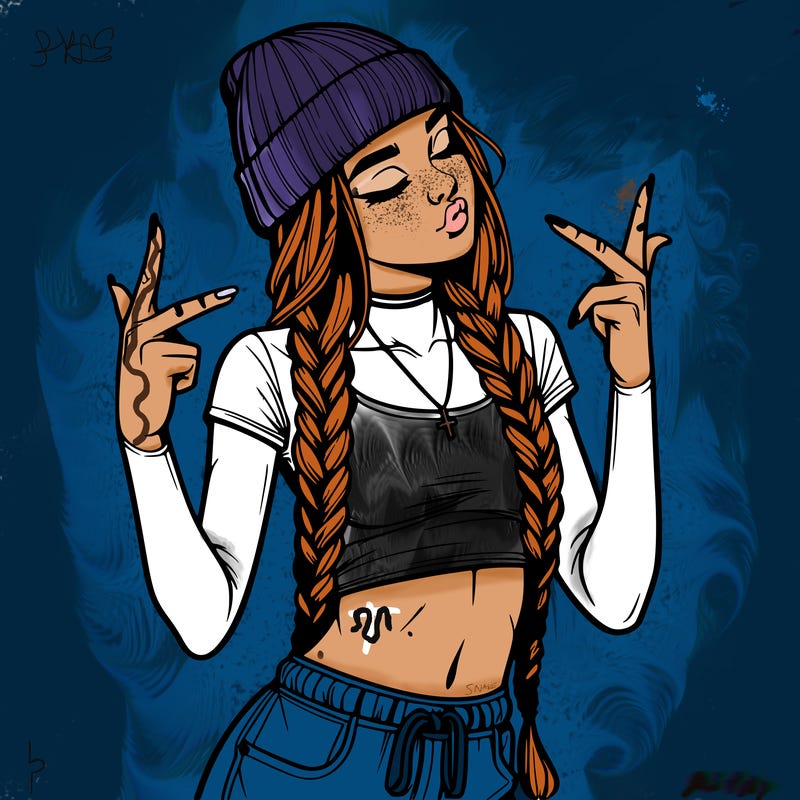 realistic teenage girl with braids and a beanie and crop top doing 🫶🏼