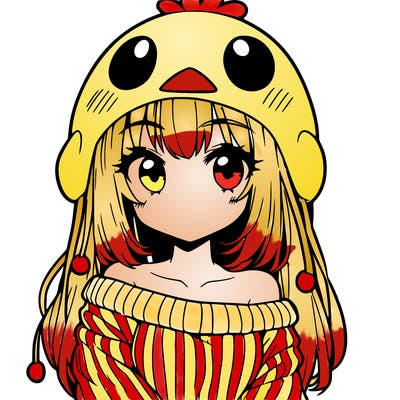 anime girl with chick shaped hat with sweater with bare shoulders with bangs covering them one eye with low tail