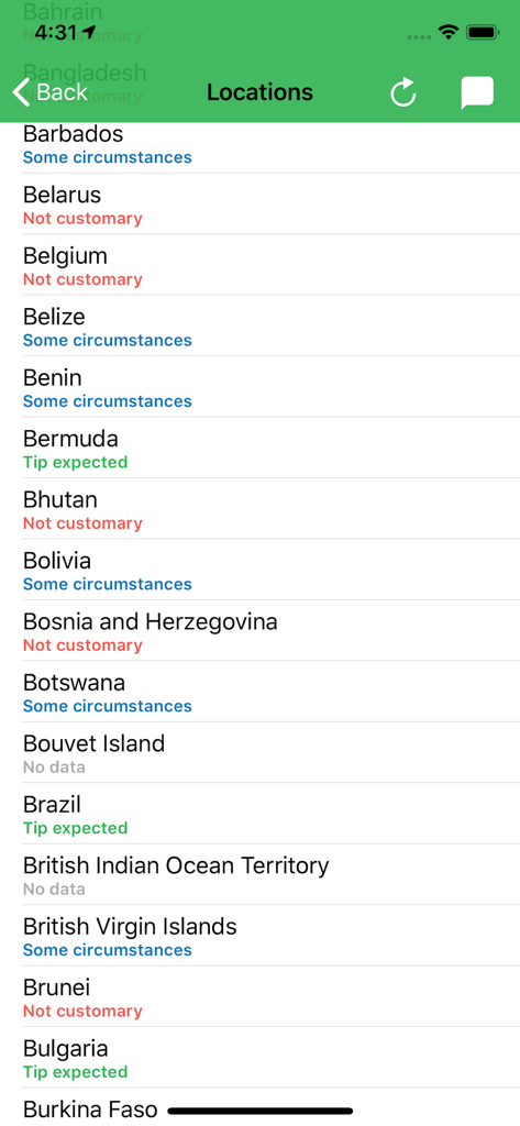 TipFox - A list of countries in the TipFox app showing tipping customs such as tip expected or not customary for various global locations.