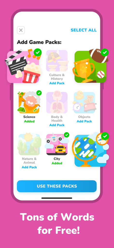 Charades - Explosive Seconds - A screen showing various free word category packs to select in the Charades Explosive Seconds game app