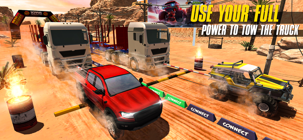 Drag Racing - Tow Truck Games - A red pickup truck and a yellow buggy towing heavy semi truck cabs in a desert arena