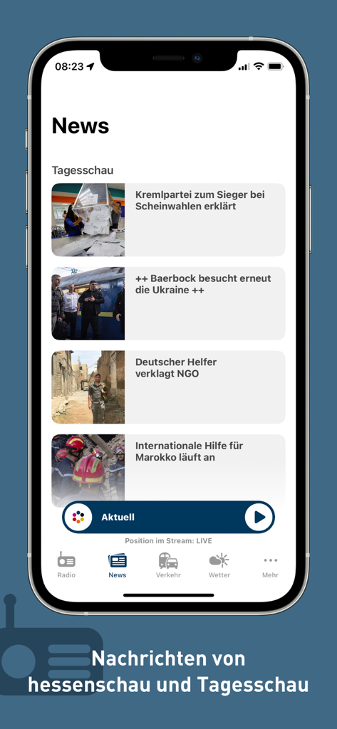 hr-iNFO App - A smartphone showing the news section of the hr-info app with German headlines