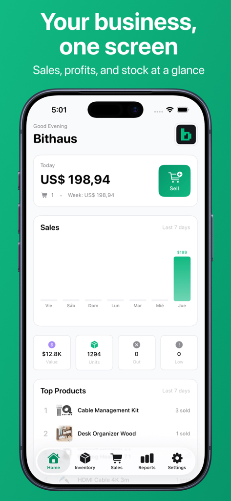 SellStock - Inventory & POS - Painel do aplicativo SellStock no iPhone mostrando lucro de vendas e métricas de inventário
