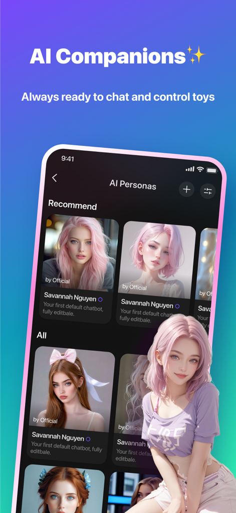 Tophy app interface showing AI companions and personas available for chat and remote toy control interaction.