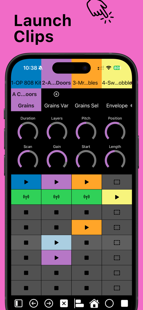7III Tap: Live MIDI Controller - Interface of 7III Tap app showing the clip launching grid and rotary encoders for MIDI control on iPhone