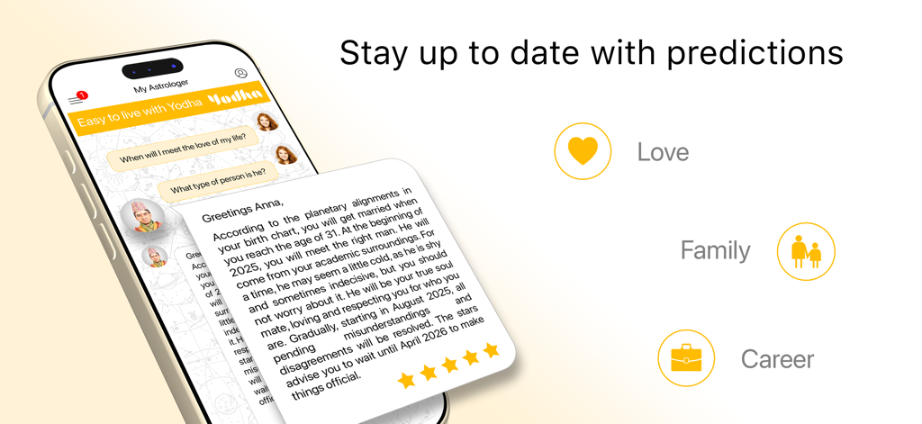 Horoscope + Astrology by Yodha - Yodha app interface showing personalized astrology predictions for love and career