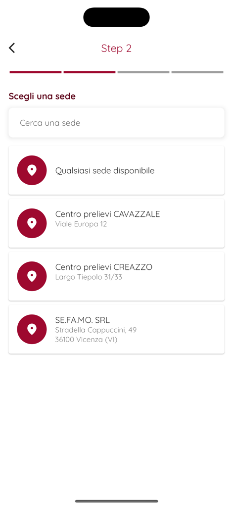 SEFAMO - Schermata di selezione della località dell'app Sefamo per gli appuntamenti medici.