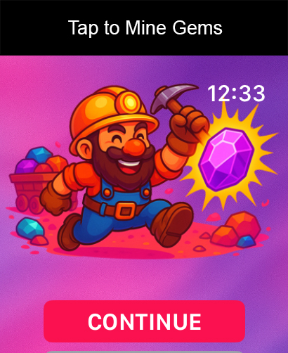 A cheerful cartoon miner holding a pickaxe and a glowing purple gemstone