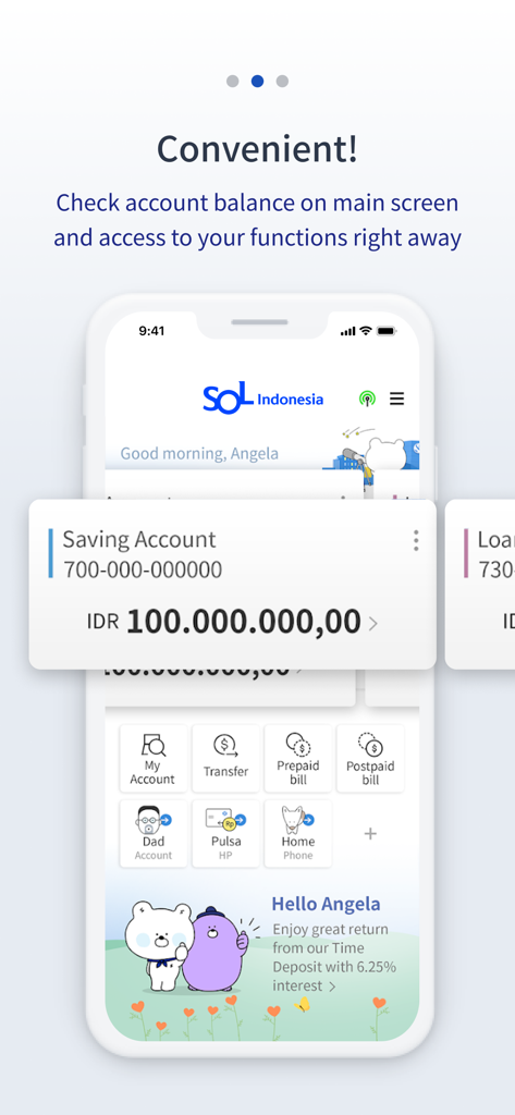 SOL Indonesia - SOLインドネシアのモバイルバンキングダッシュボード、口座残高とクイックアクセス機能を表示