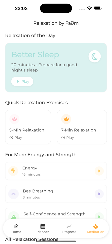 Bati - Recovery in your pocket - Mobile App-Oberfläche mit Entspannungsübungen und Meditationssitzungen zur Unterstützung der Genesung