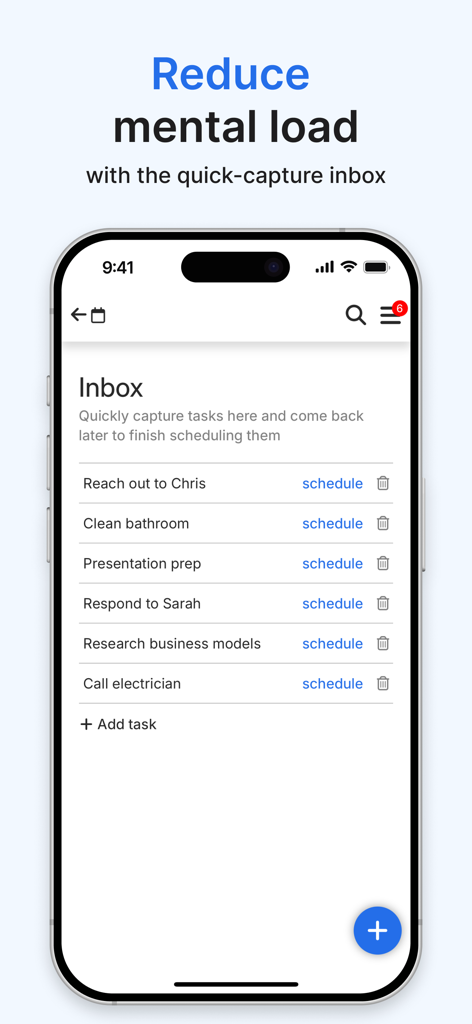 FlowSavvy app interface showing the quick capture task inbox.
