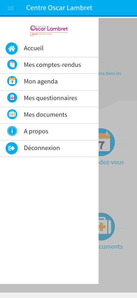 MonOscar - Side navigation menu of the MonOscar patient portal app