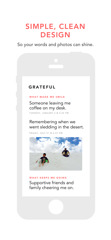 Minimalist interface of the Grateful journal app displaying daily gratitude prompts and personal entries with photos