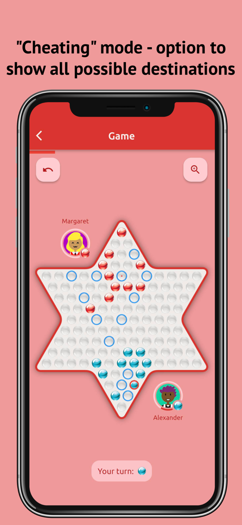 Chinese Checkers Online - A gameplay screen of Chinese Checkers showing highlighted possible move destinations for a player turn.