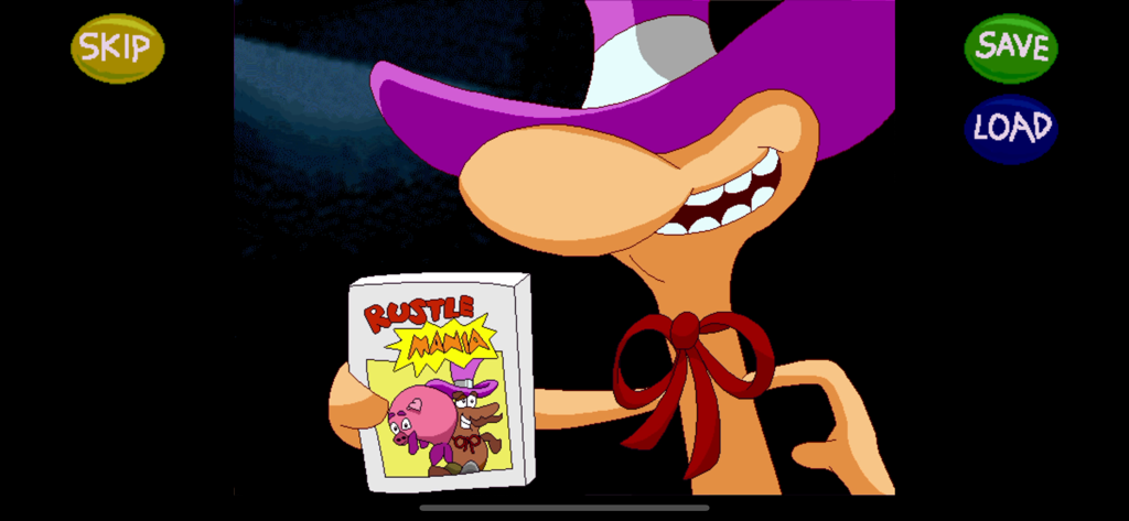 An animated character wearing a purple cowboy hat and holding a Rustle Mania book in Freddi Fish 4.
