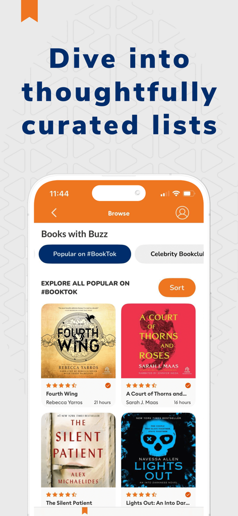 Audiobooks.com: Get audiobooks - Audiobooks app screen showcasing curated book lists and popular trending titles from BookTok.